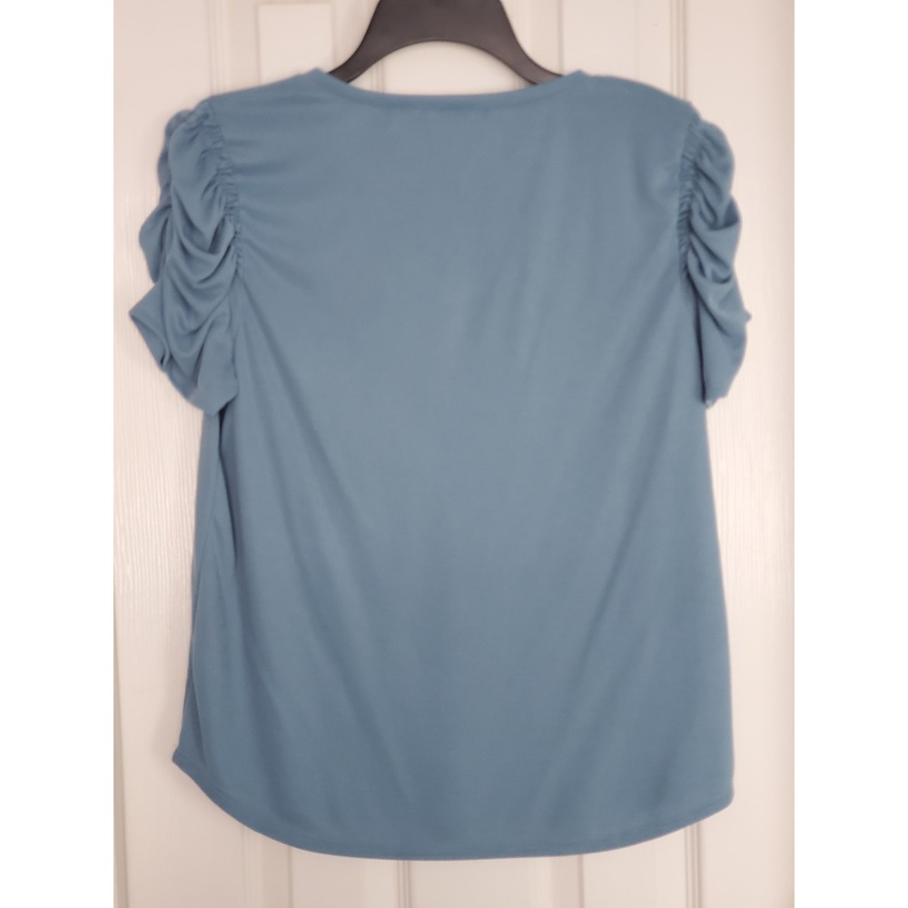 Green Envelope Top Blue‎ Ruched Puff Sleeve V-Neck Modal Blend Blouse Medium - Picture 3 of 6
